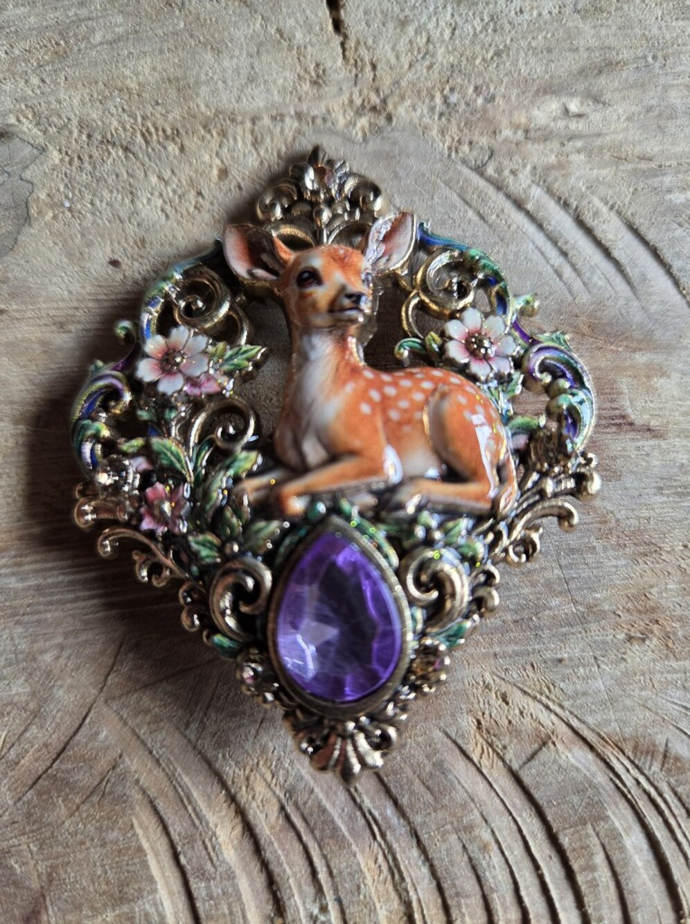 Beautiful Gold Tone Baby Deer Brooch With Purple  Jewel